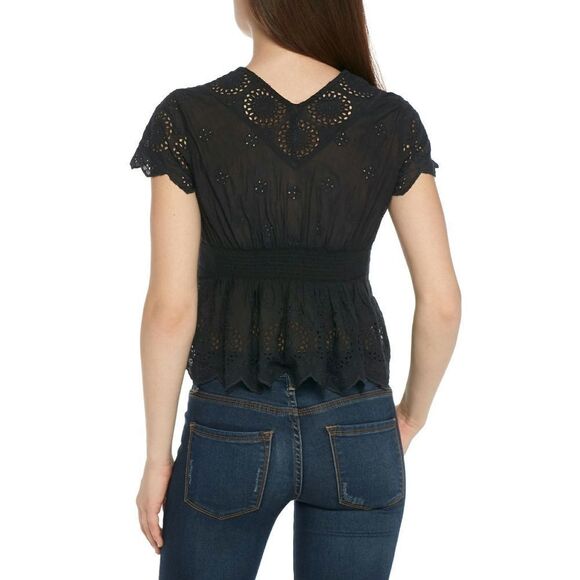 New! FREE PEOPLE Cutout Eyelet Black Top With Peplum Short Sleeve Size Small - Picture 4 of 4